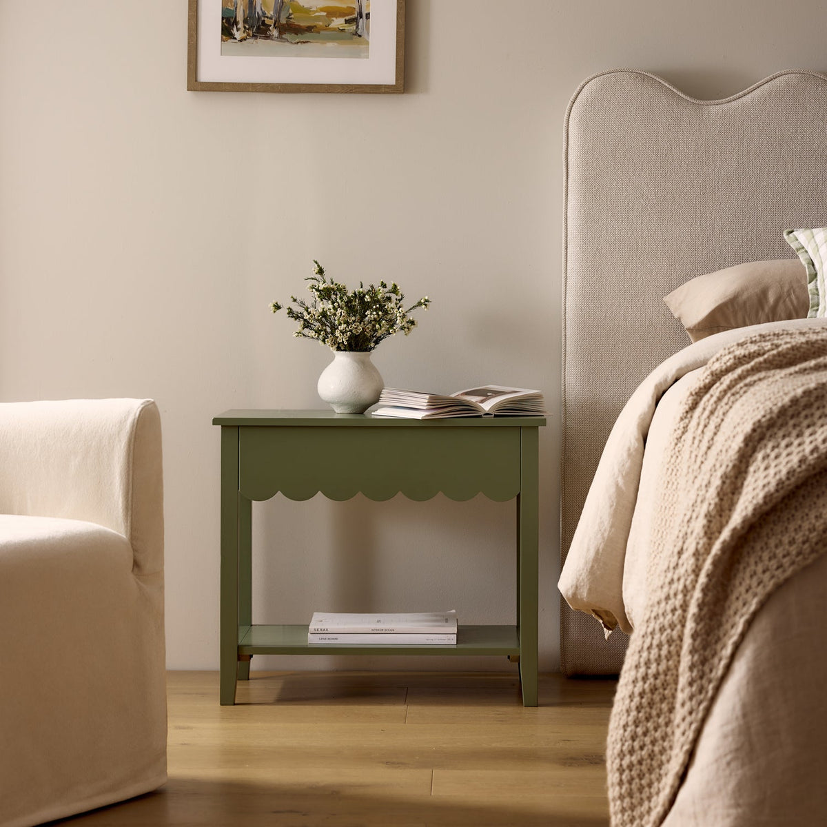Lucille Sage Scallop Bedside Table - Sage Green